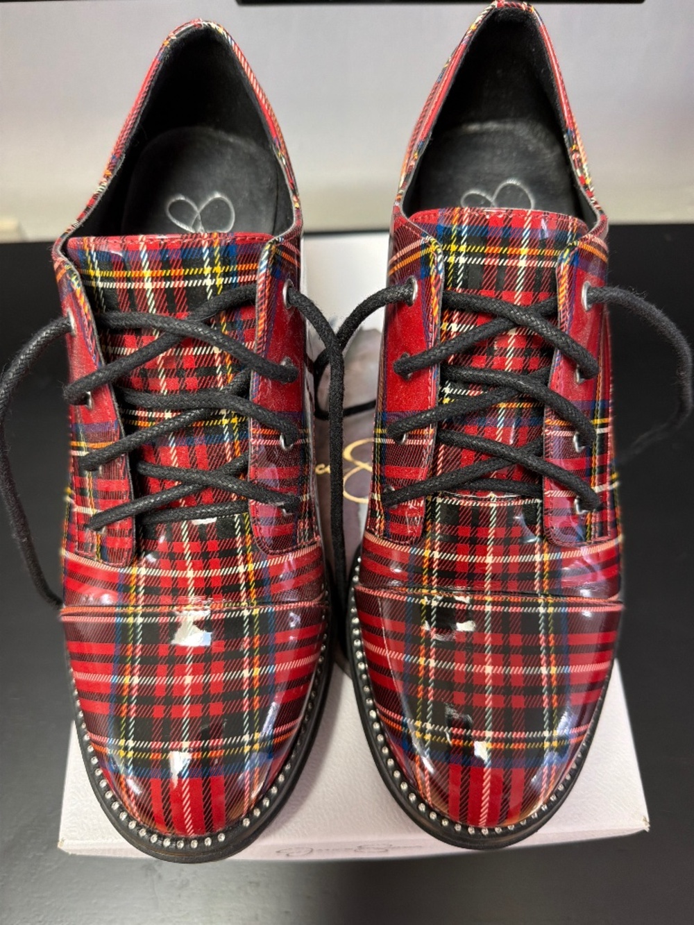 Jessica Simpson Red Plaid Patent Lace-Up Heels Lug Sole Size 8